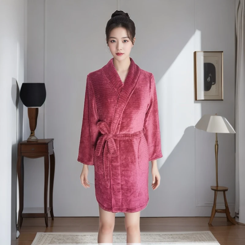 【酒红短款】情侣睡袍秋冬保暖双面法兰绒柔软舒适中长款浴袍