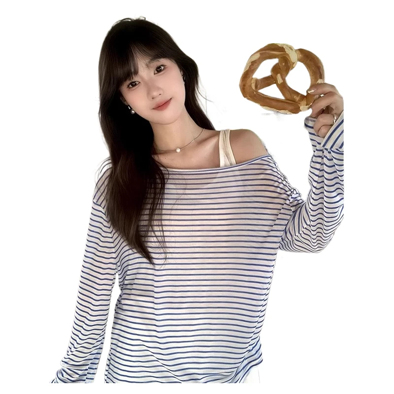 正版微透斜肩宽松夏季女款长袖T恤罩衫薄款百搭时髦显气质上夏季