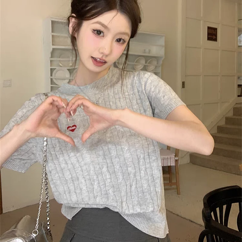 古刺绣针织T恤爱心短袖2025夏季新款宽松休闲套头宽松薄款上衣