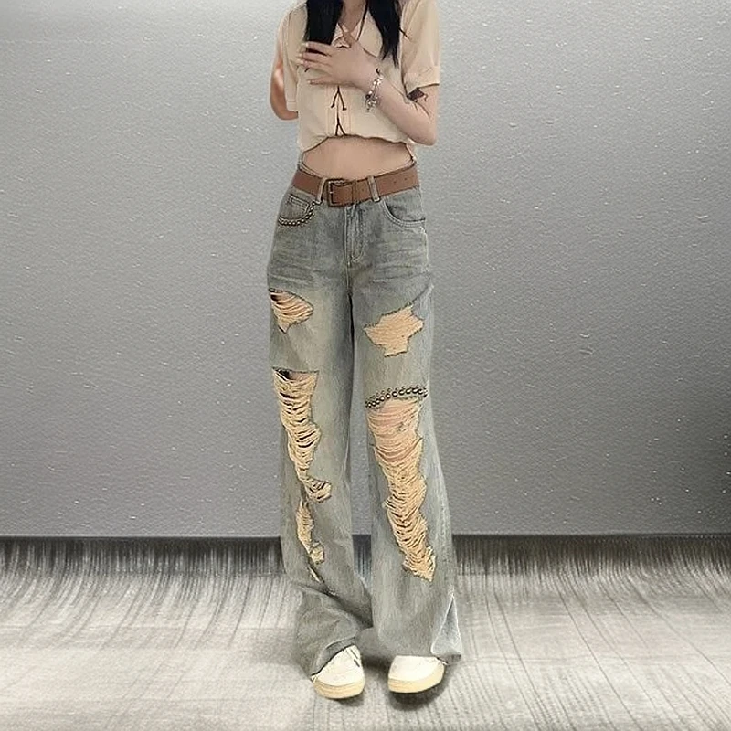 2025春夏新品网红款直筒拖地长裤复古做旧重工柳钉破洞牛仔裤女潮