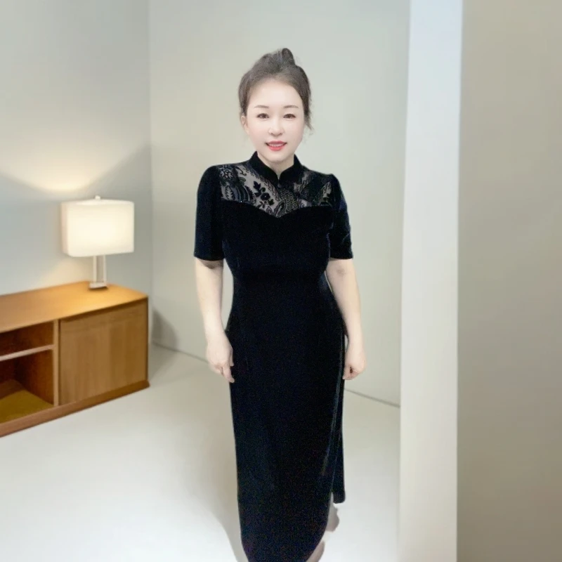 6688186丝绒气质拼烧花旗袍裙遮肉显瘦（不可以机洗）