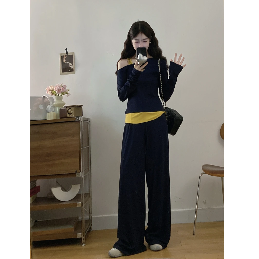 大码洋气炸街套装新款露肩长袖针织上衣+阔腿裤两件套女