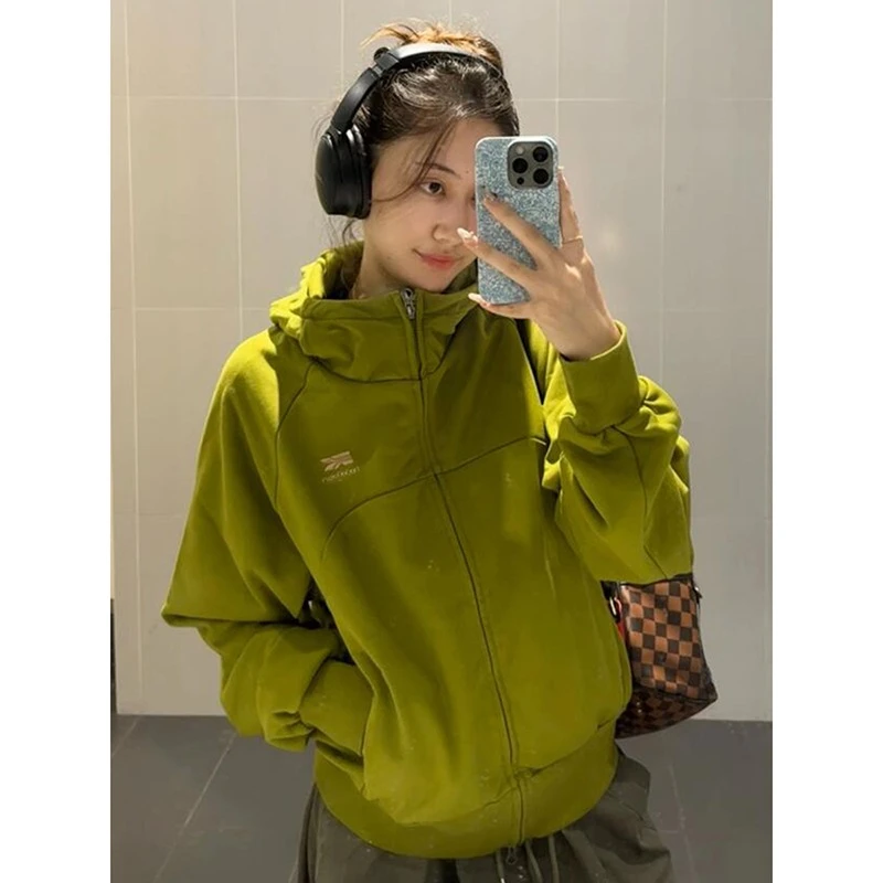 连帽卫衣外套女2025春秋季新款美式重磅高级感绿色拉链开衫休闲