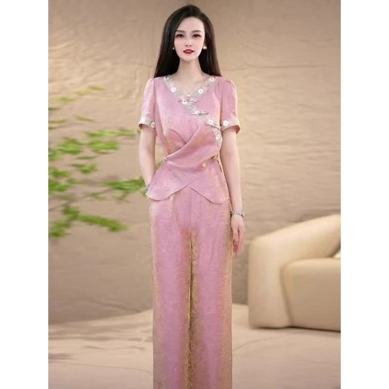 新中式国风套装女2025夏季新款时尚洋气刺绣上衣阔腿裤气质两件套