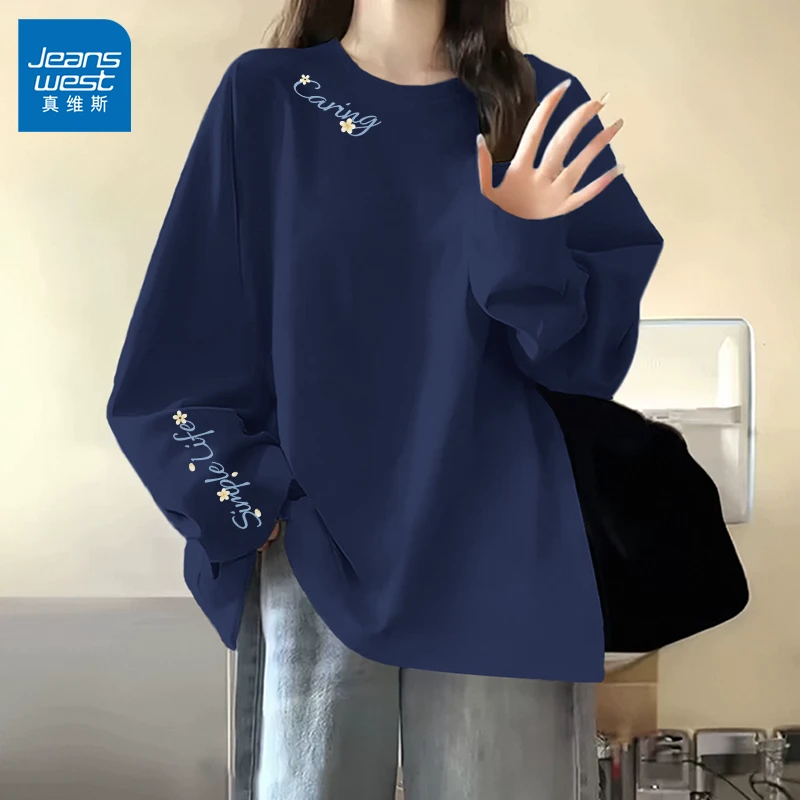 真维斯藏青色长袖t恤女早秋chic上衣春秋款小众不撞款纯棉体恤衫