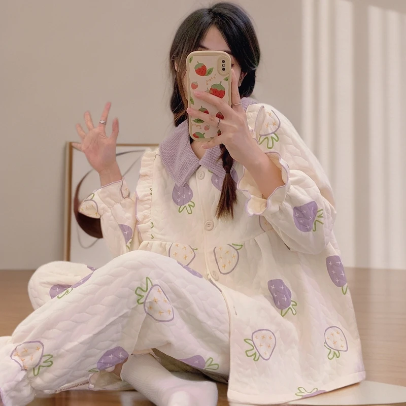 空气棉月子服秋冬季产后哺乳产妇孕妇睡衣大码夹棉保暖家居服套装