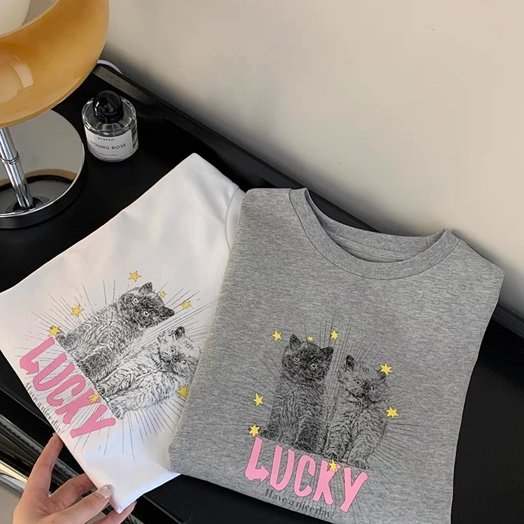 ARRLMORRE品牌【幸运猫】复古卡通印花圆领休闲棉T上衣