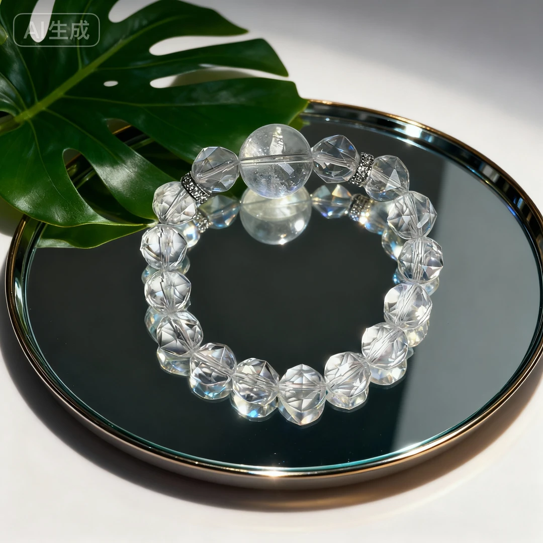 【三少人文晶典】SL118天然多切面白水晶+白阿赛设计手链