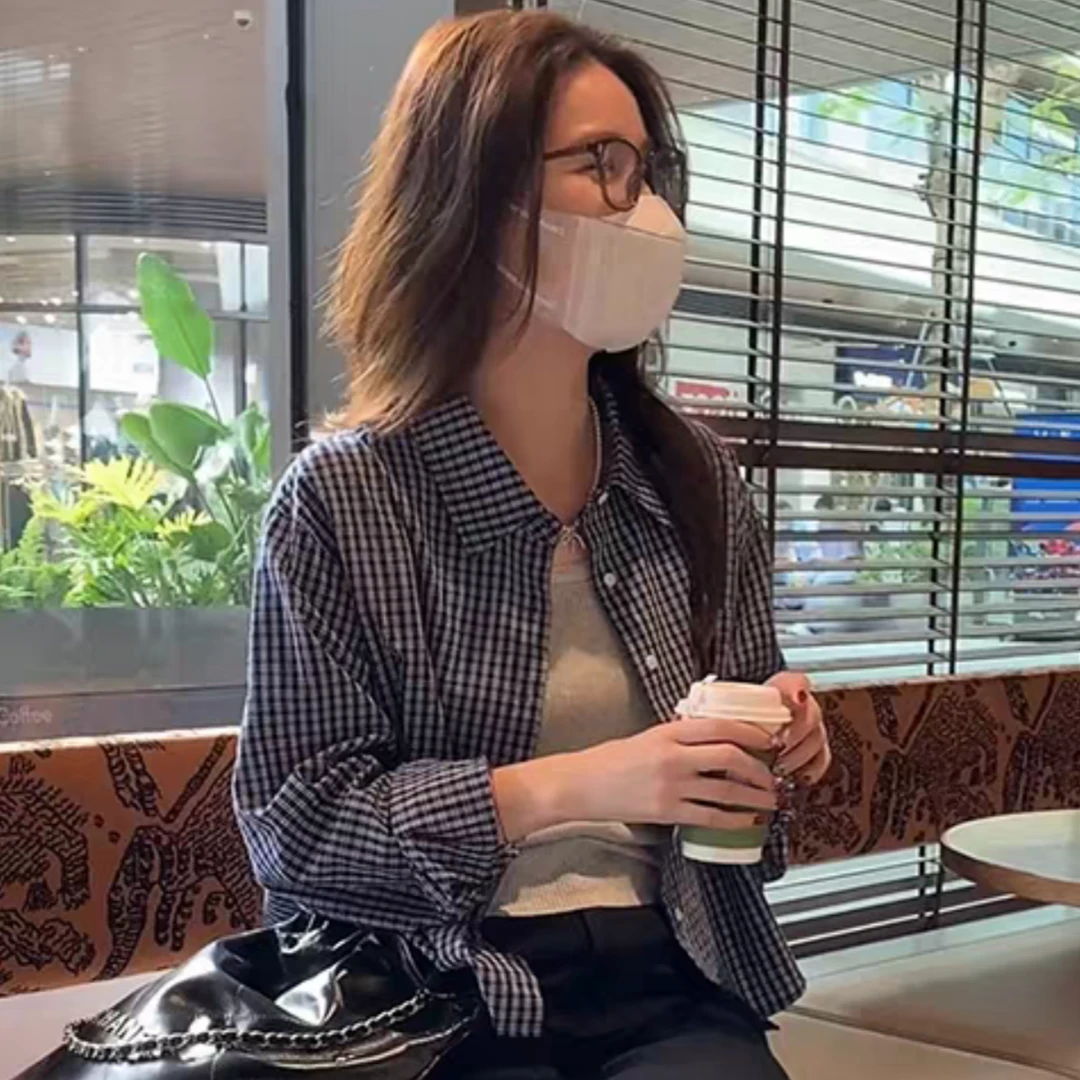 复古法式气质撞色长袖格子衬衫女2025年秋季新款宽松小个子上衣