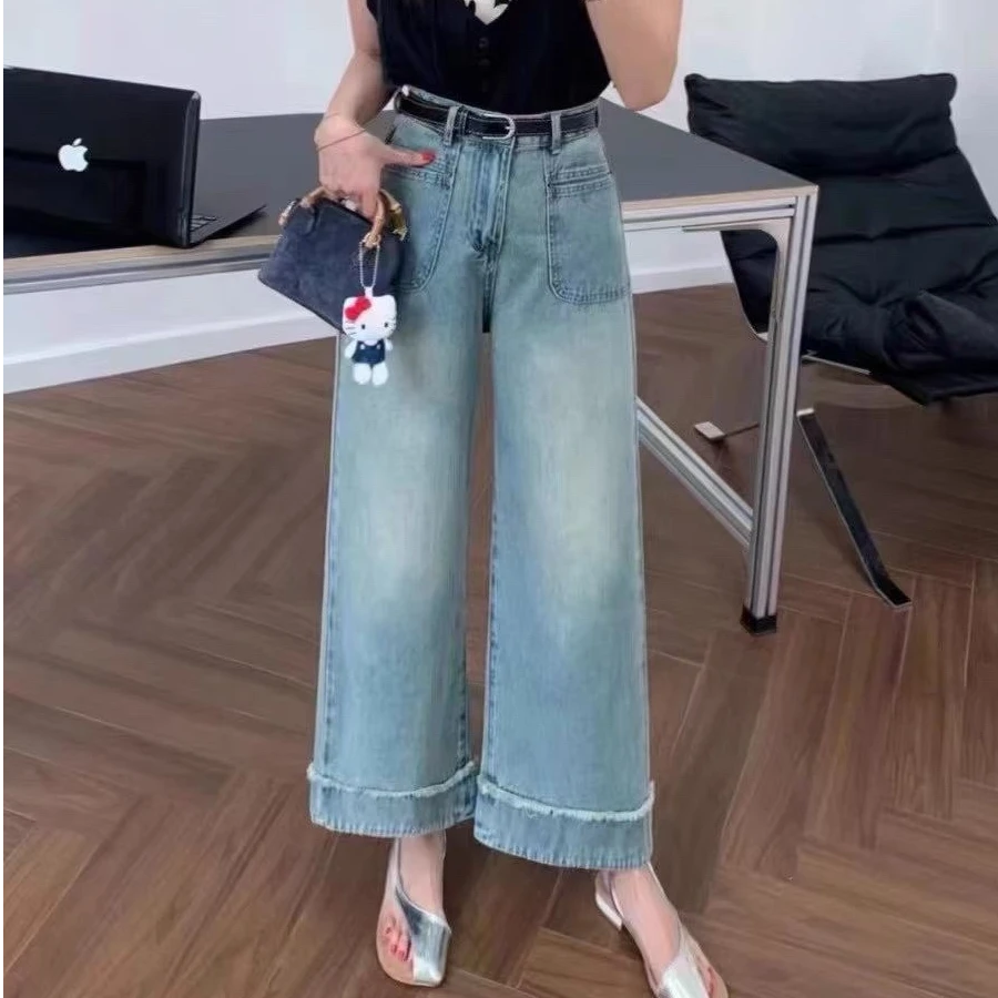 Wang Li Studio直筒时尚显瘦显高窄版直筒裤蓝色九分裤牛仔裤