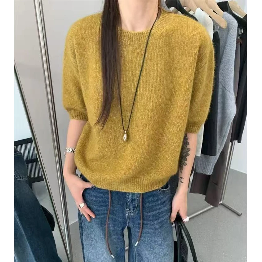 【黄桃罐头】纯色毛感秋装新款针织短袖百搭女宽松打底衫2052