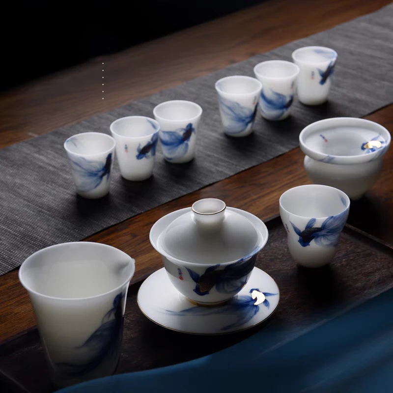 黄旭东悠然自得手工大号中式蓝色套装高端上档次茶具高档茶杯