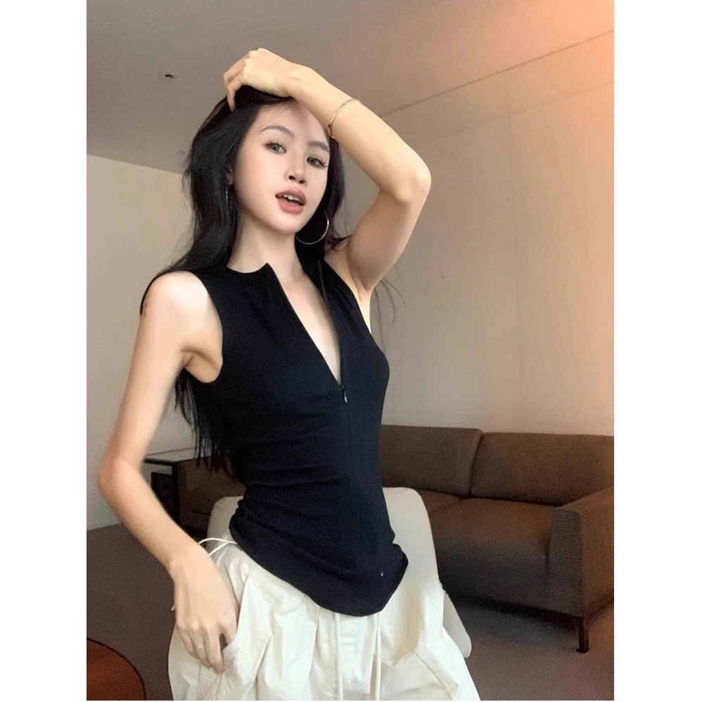 2025新款女夏季时尚修身显瘦纯色上衣潮辣妹圆领拉链无袖吊带背心