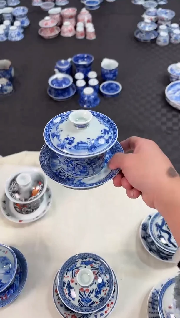 其他瓷景德镇陶瓷茶具青花百子图马蹄盖碗