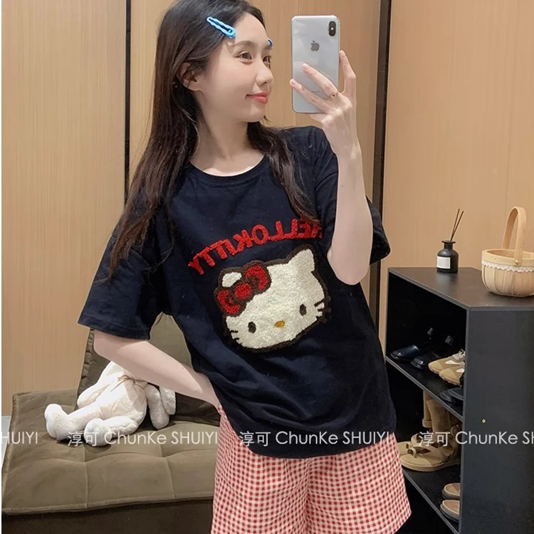 黑色纯棉短袖睡衣女款夏季新款甜美可爱kt猫日系少女家居服套装