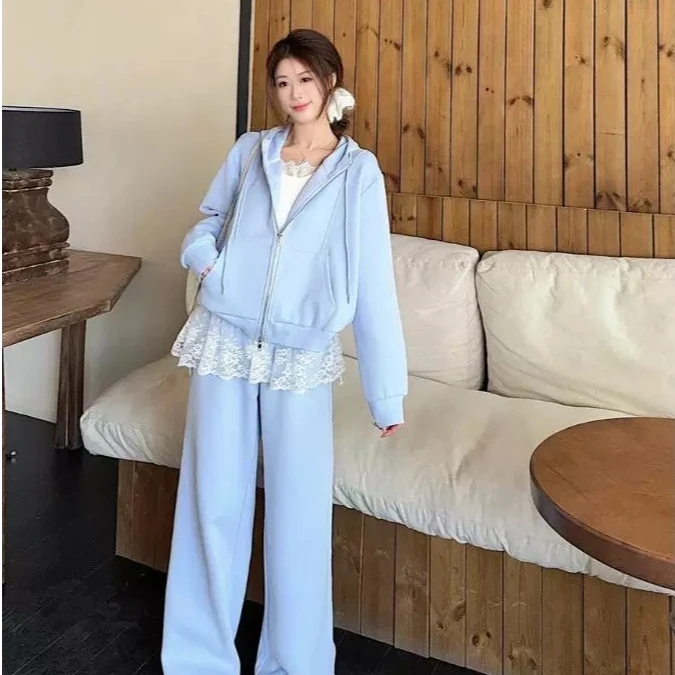 宽松连帽长袖卫衣外套蕾丝打底T恤休闲裤女2025春季新款时尚套装