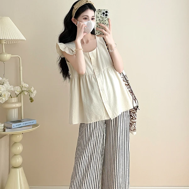 孕妇装2025夏季新款外穿小飞袖方领衬衣小清新减龄短款娃娃衫上衣