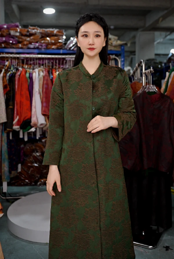 0072绿色新中式福利气质中式国风风衣复古春游提花老料时尚重磅
