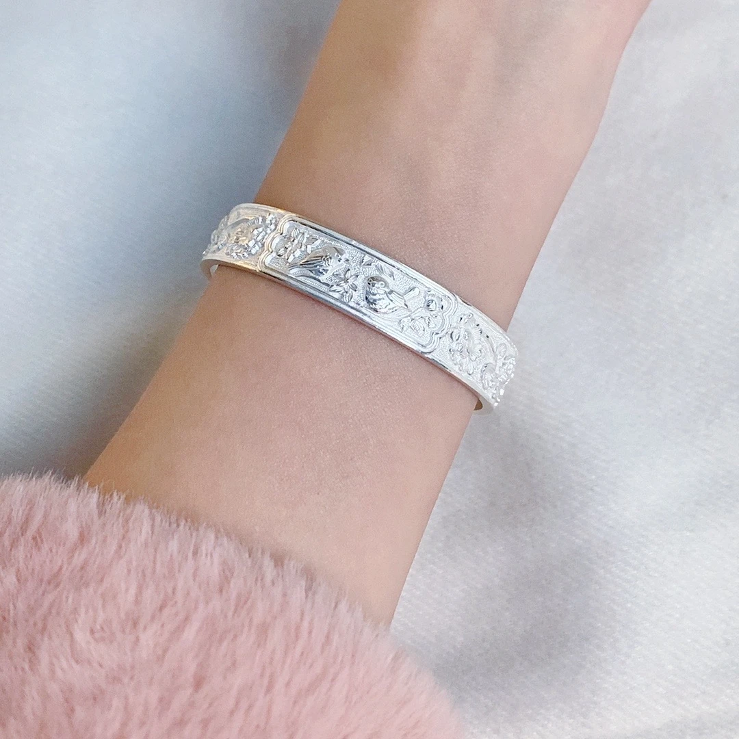 足银手镯 足银999手工【喜上眉梢】足银手镯经典民族风实心磨砂素款