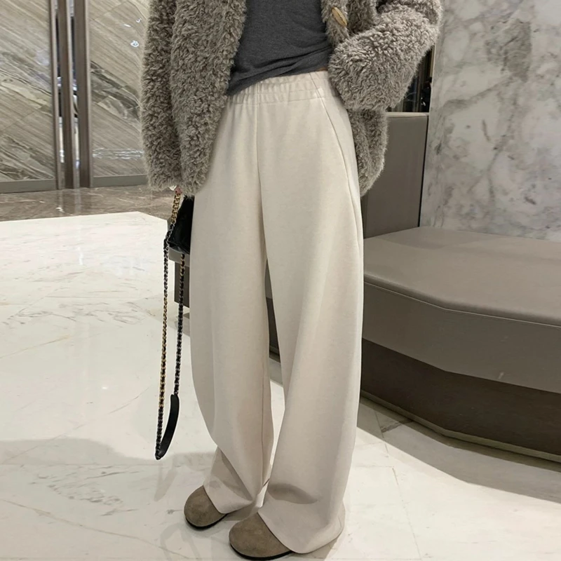 米白色阔腿裤女加绒秋冬新款高腰直筒裤醋酸垂感休闲加厚弯刀裤子