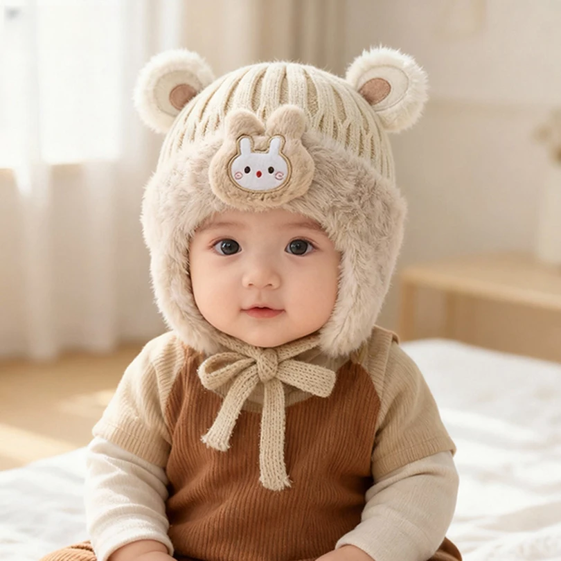 宝宝帽子秋冬季毛线帽男童女婴幼儿韩版可爱小兔护耳帽加绒厚保暖