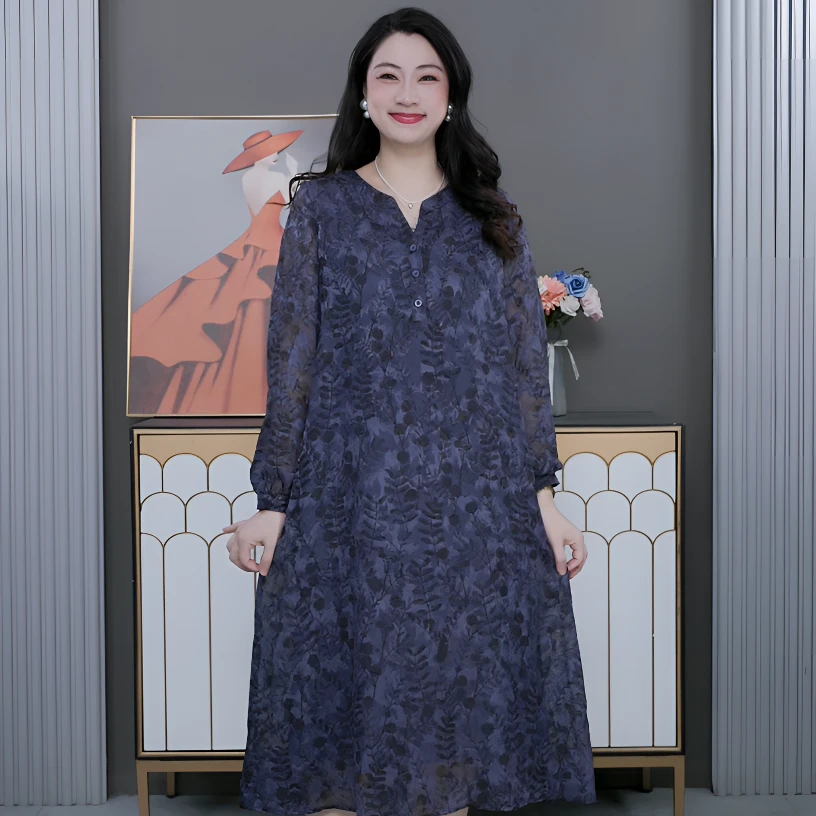 早秋高奢蓝色花纹国风连衣裙241283