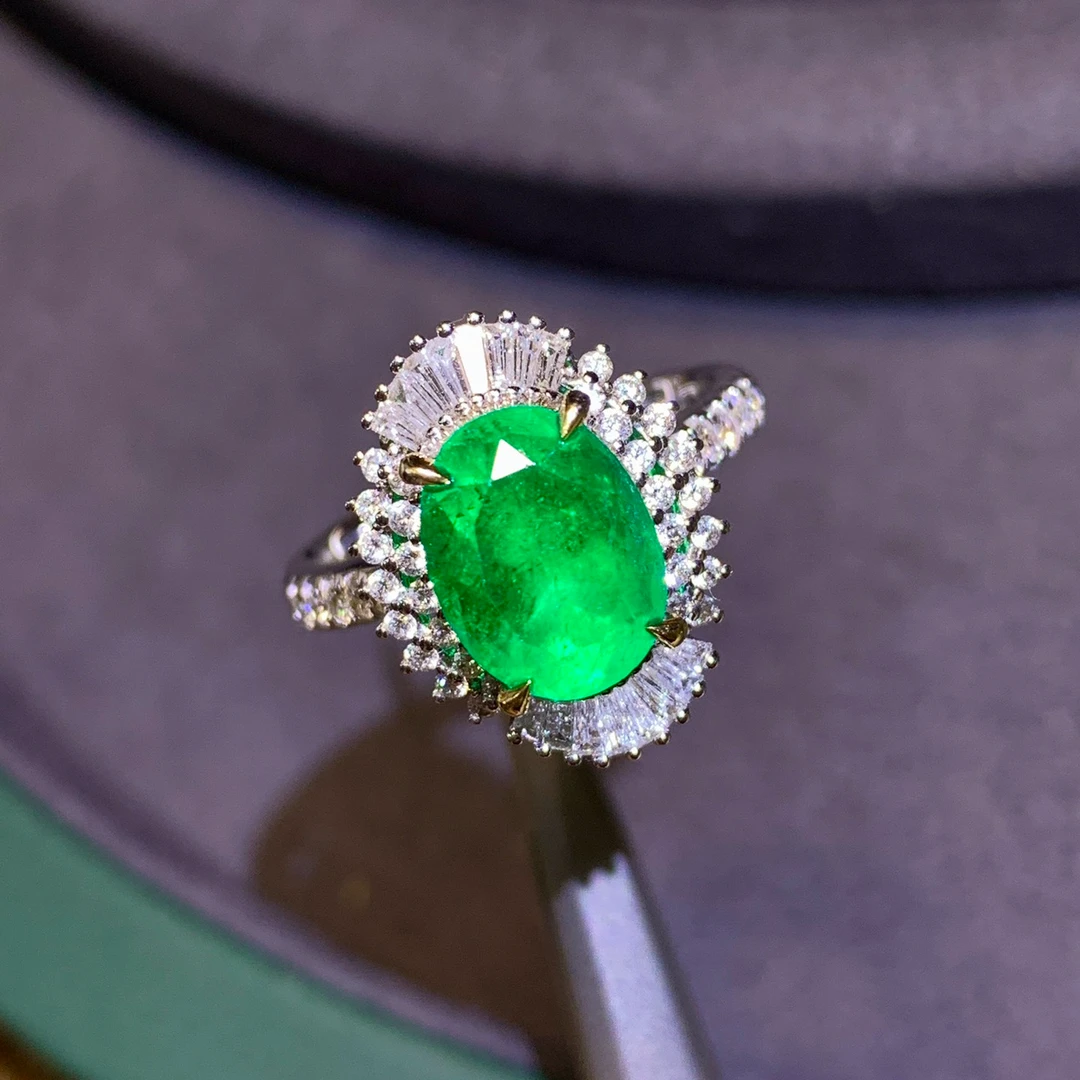 18K金天然哥伦比亚vivd green祖母绿戒指轻奢时尚