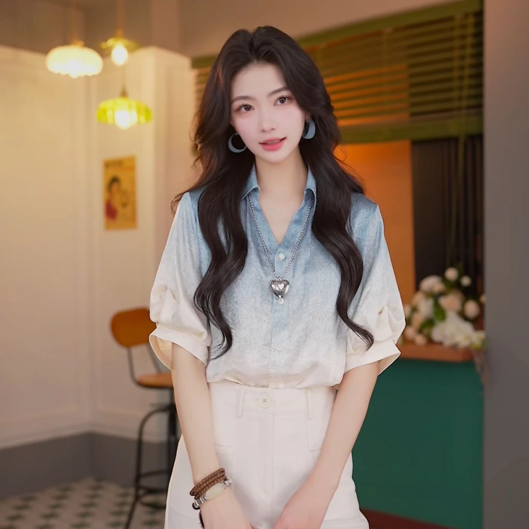 丁佳欣【幻海】夏季渐变短袖衬衫女宽松休闲上衣DL3903361