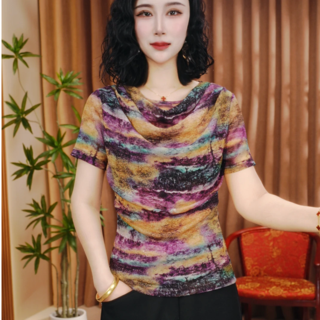 新款时尚堆堆领女装弹力印花网纱显瘦时尚百搭气质打底衫