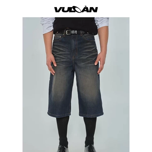 VULCAN蛇纹拼皮七分短裤牛仔裤春夏季宽松廓形高克重休闲工装裤