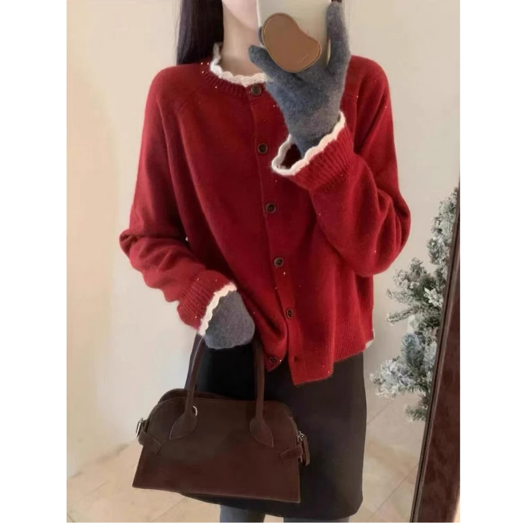 浣熊绒蕾丝木耳边圆领亮丝毛针织外套女冬季时尚洋气高级减龄上衣