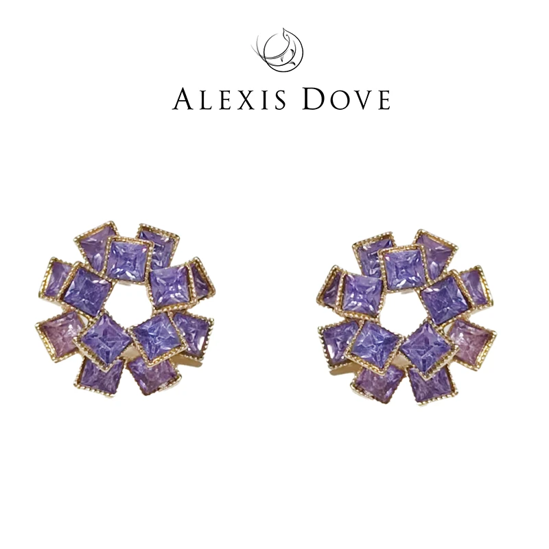 铜合金合成锆石耳饰 高级镂空立体紫沁花朵耳钉