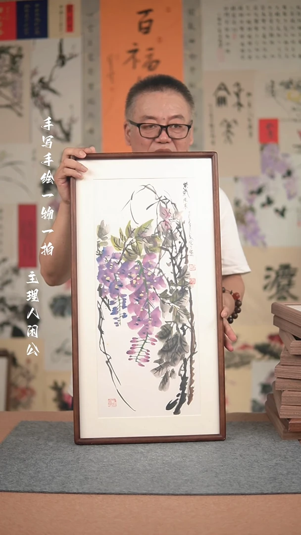 国画手绘-36*69实木框-夏寒花鸟
