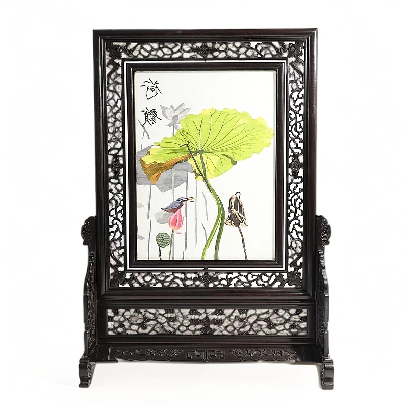 ZP非遗手工刺绣苏绣缂丝工艺婚嫁系列结婚送礼好物台屏红木类摆件