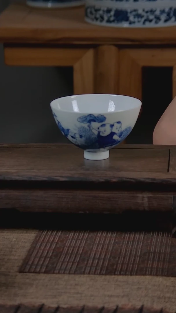 杯折葵非器手工手绘五子登科婴戏图鸡心杯