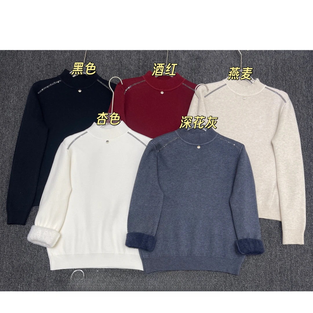 【锦衣服饰】MSL 58271韩系肩烫钻高领一体绒长袖针织衫