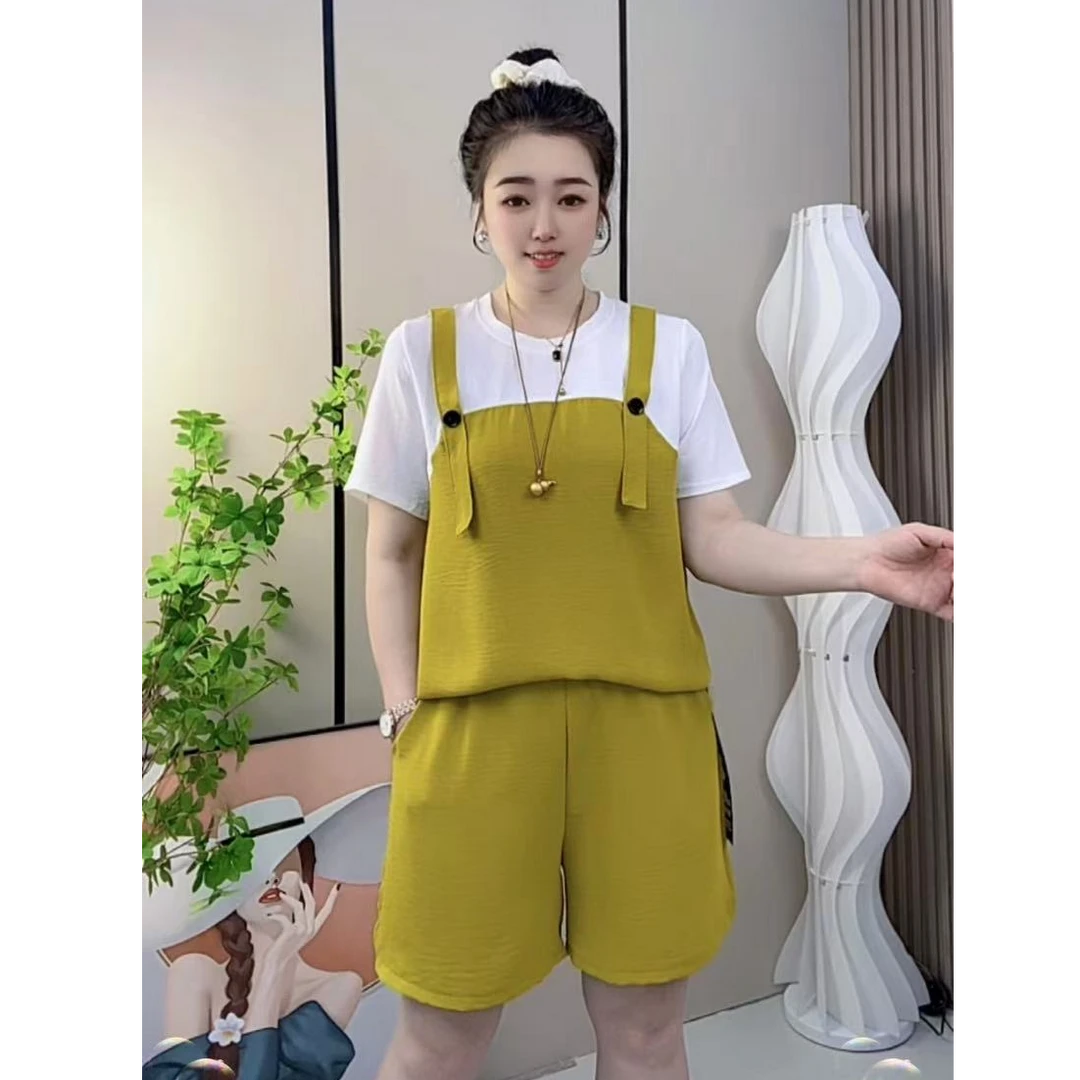 大码女装2025夏季新款韩系撞色清凉一夏冰丝拼接上衣加短裤套装