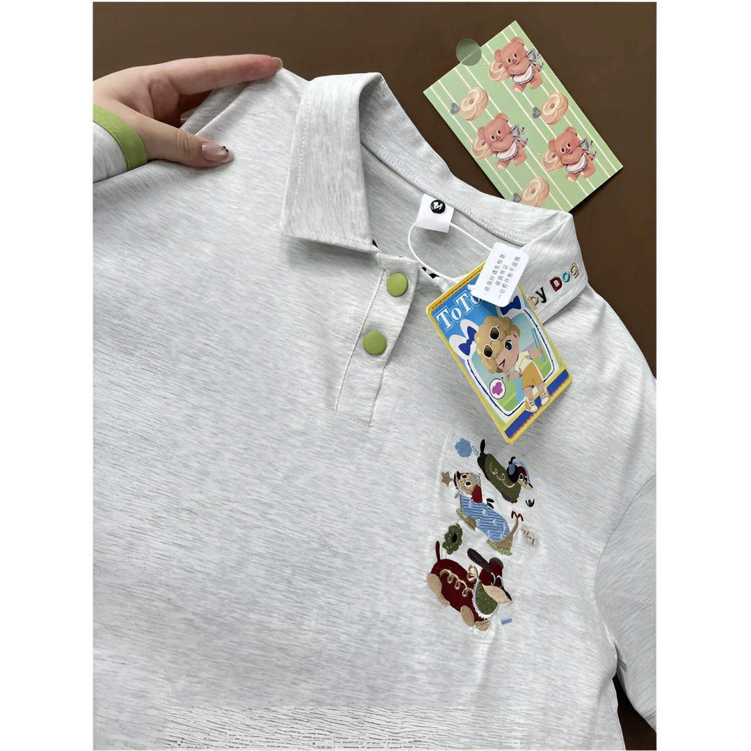 夏日小众设计翻领小狗短袖可爱趣味刺绣拼接工艺休闲百搭polo上衣