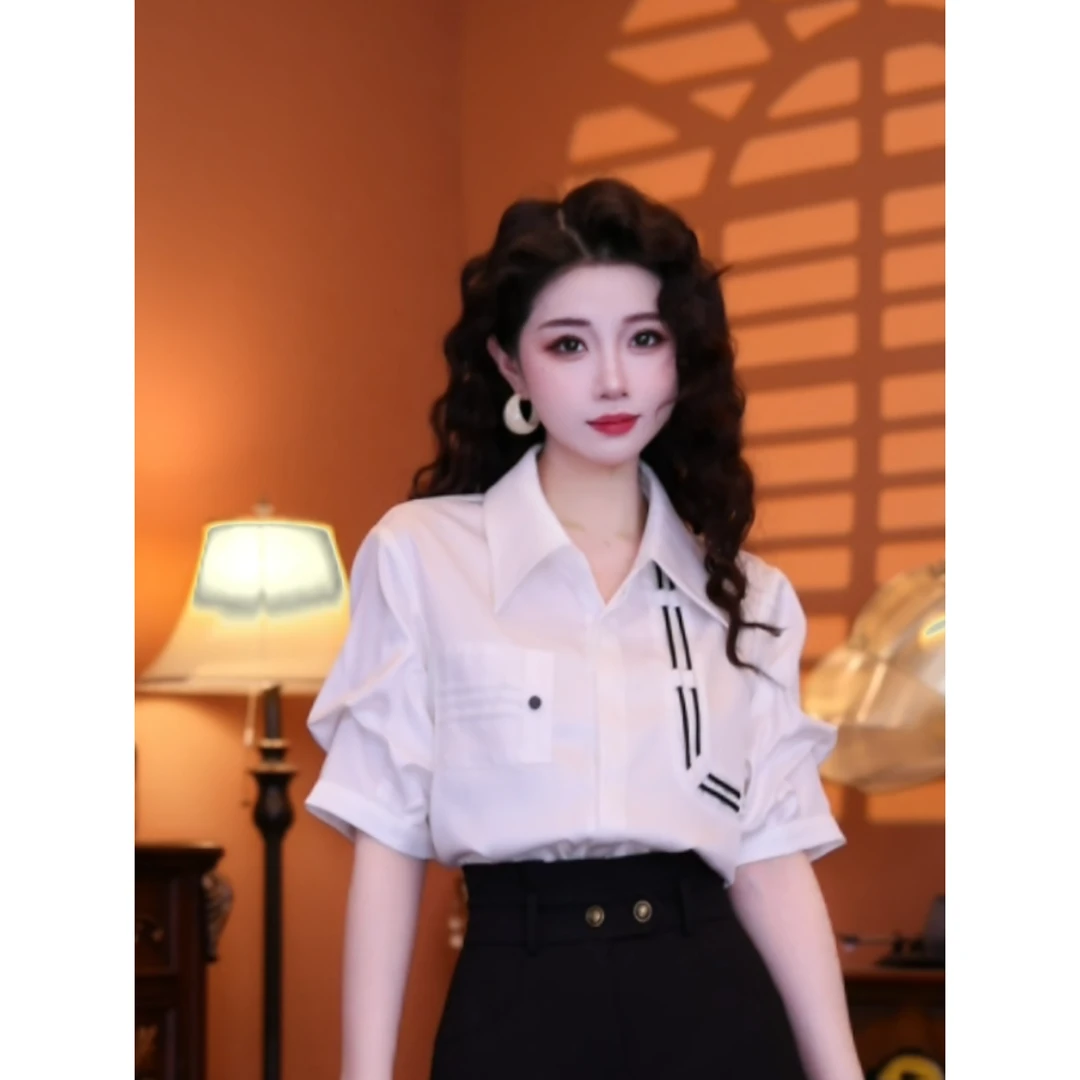 蒋肉肉【黑白黎明】港味复古时尚气质短袖上衣01855