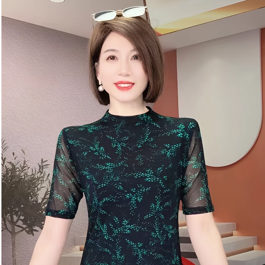 欧洲站2025春季新款立领打底衫女修身显瘦中袖t恤花朵网纱上衣潮