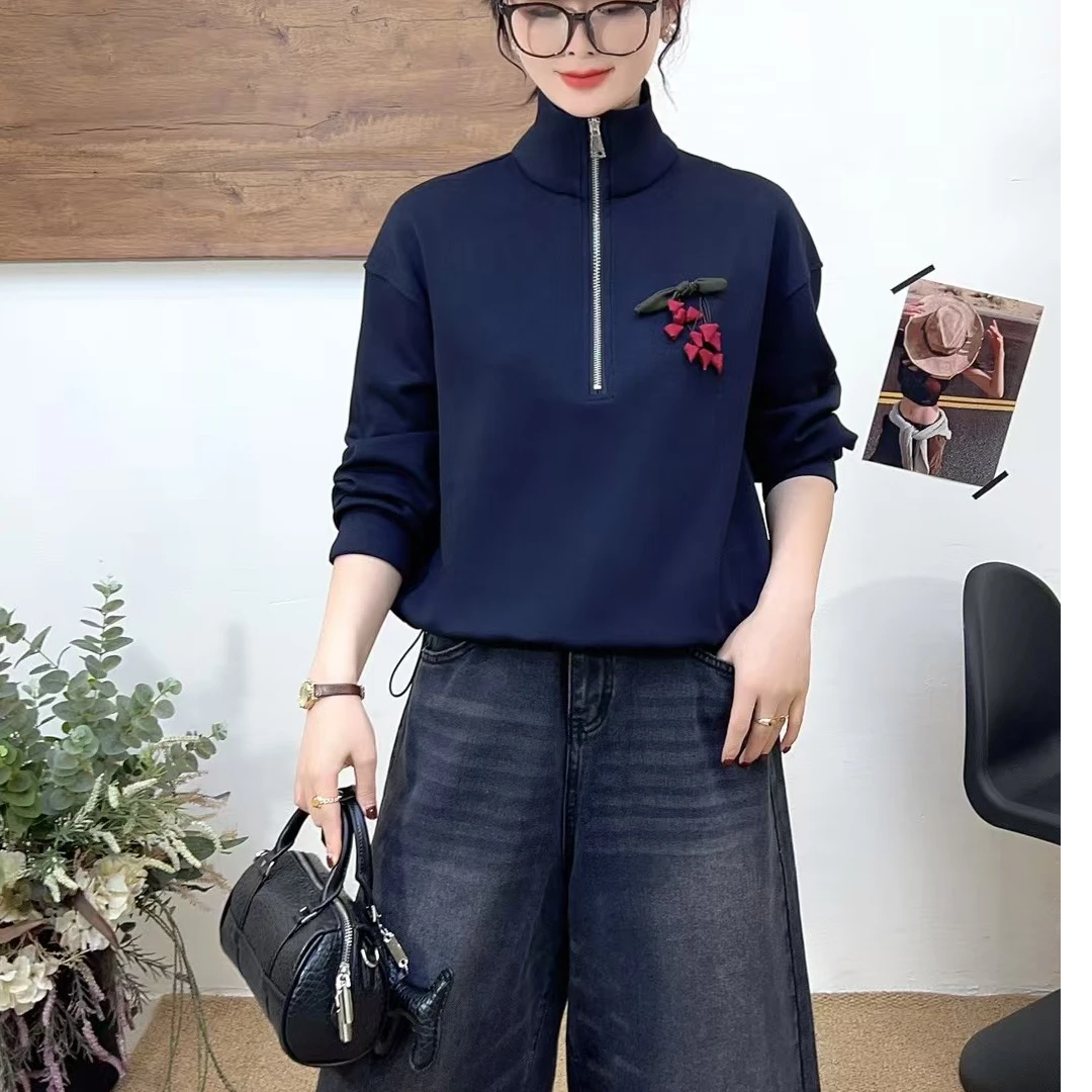 秋季新款时尚立体小辣椒花朵装饰拉链立领卫衣526