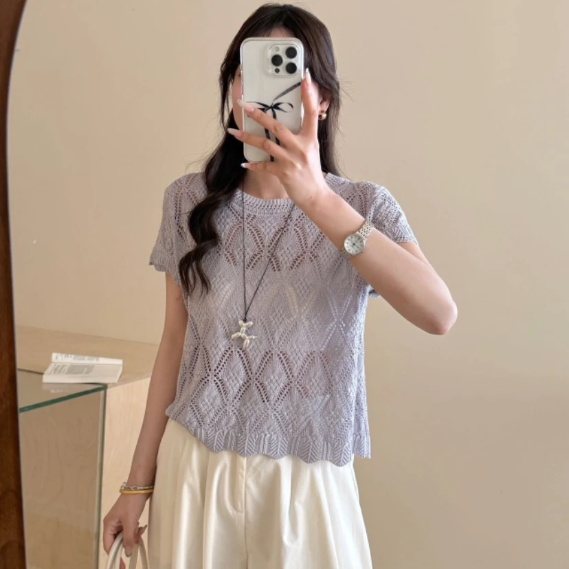 设计师小众韩版高级感镂空短袖针织杉