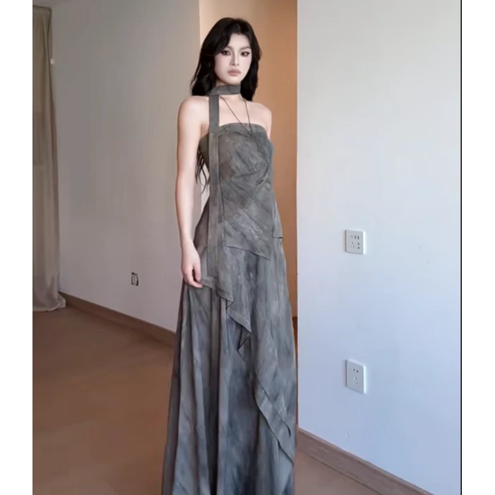 禅意新中式拽姐穿搭小众灰色抹胸上衣+百搭半身裙两件套女高级感