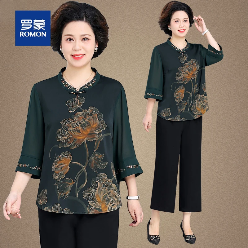 罗蒙高档妈妈装新中式国风小衫套装洋气中老年人女夏装60岁奶奶