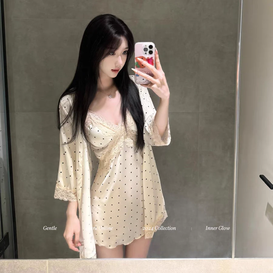 法式甜美少女吊带冰丝睡裙显瘦波点睡衣外袍蕾丝家居服套装