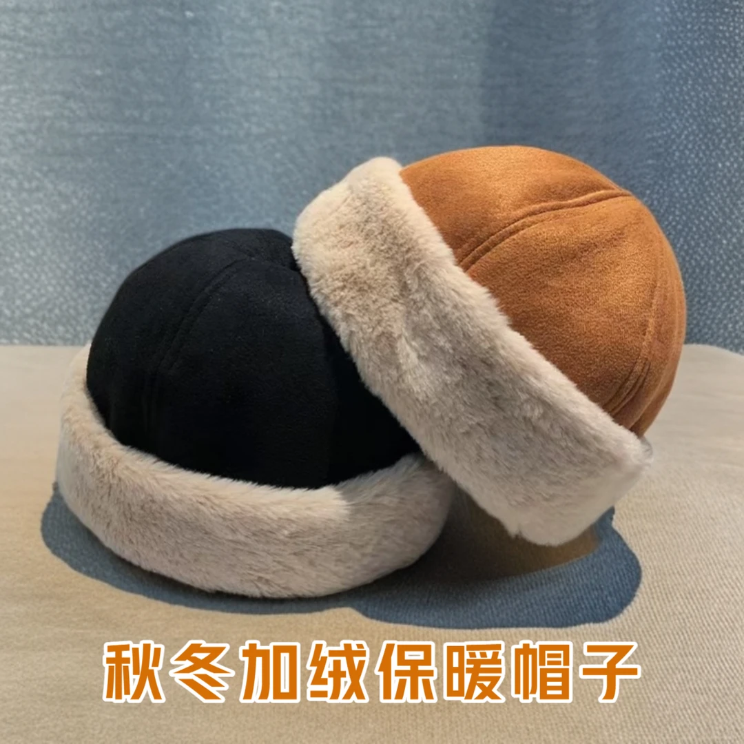 秋冬保暖新款加绒瓜皮帽地主帽毛绒复古男女百搭帽子男款冬季