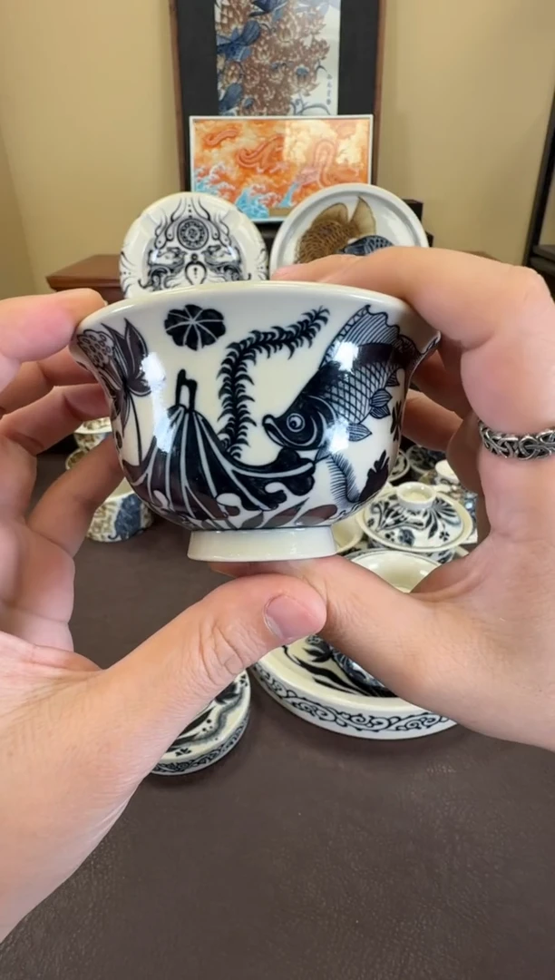 二号釉鱼藻纹大压手杯