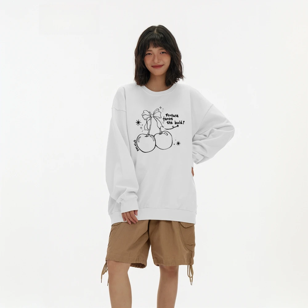 法芬图蝴蝶结樱桃2025新款无帽圆领卫衣春秋宽松韩版套头女士外套