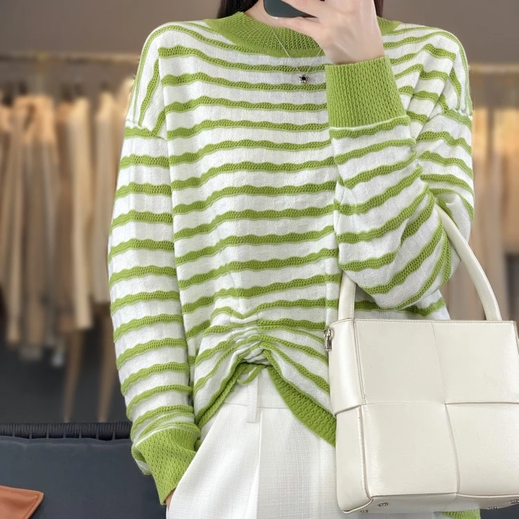 中敏精仿羊毛长袖羊毛衫春秋显瘦针织短款毛衣宽松条纹圆领套头