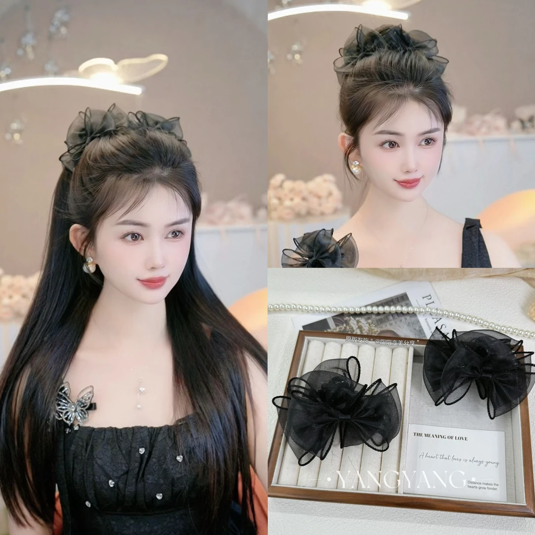 法式气质百搭简约高级感千金风网纱蝴蝶结泡泡纱抓夹7cm